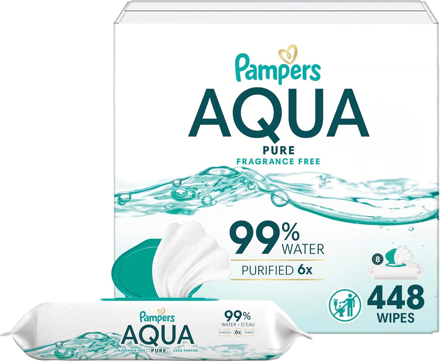 Pampers Aqua Pure Baby Wipes, 99% Water, Fragrance Free, 448 Baby Wipes Total (8X Flip-Top Packs) [Packaging May Vary]