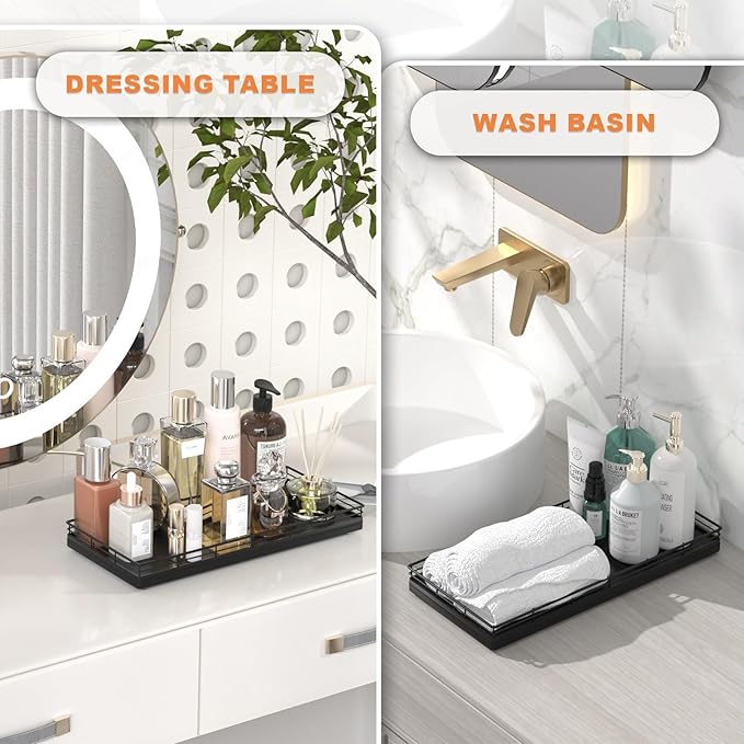 Oak Bathroom Toilet Tank Tray, 13" Wood Toilet Paper Storage Basket Back of Toilet Basket Organizer, Vanity Tray for Perfume Makeup Candle Kitchen Counter Coffee Table Black Tray Decor