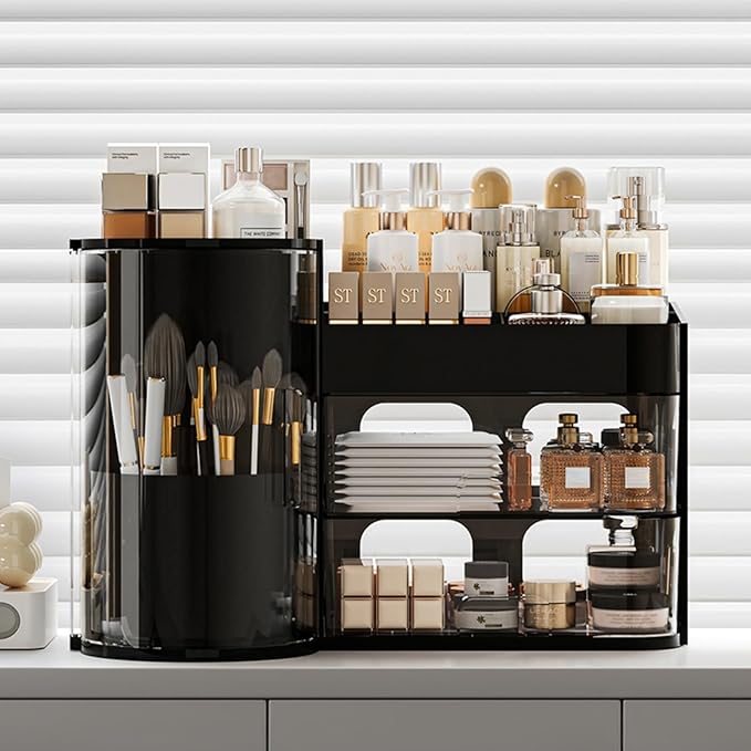 Makeup Organizer with Rotating Brush Holder Cosmetic Organizer with Drawers Countertop Skincare Organizer for Vanity,Cosmetic Display Case Storage (Black, Large)