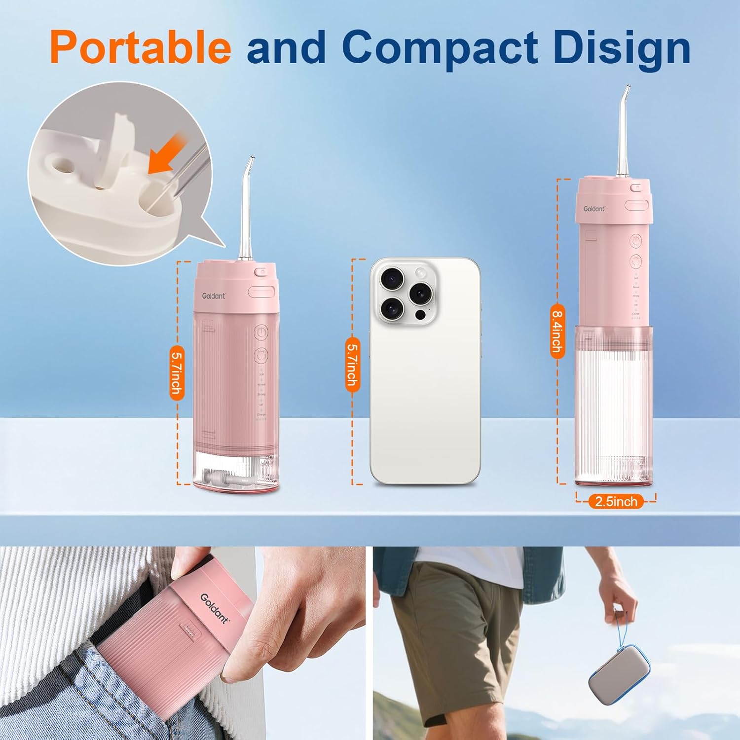 Portable Water Flosser for Teeth with Exquisite Travel Case, Cordless Rechargeable Mini Oral Irrigator with Removable Tank, IPX7 Waterproof, 4 Modes & 4 Jet Tips for Tooth Cleaning (Pink)