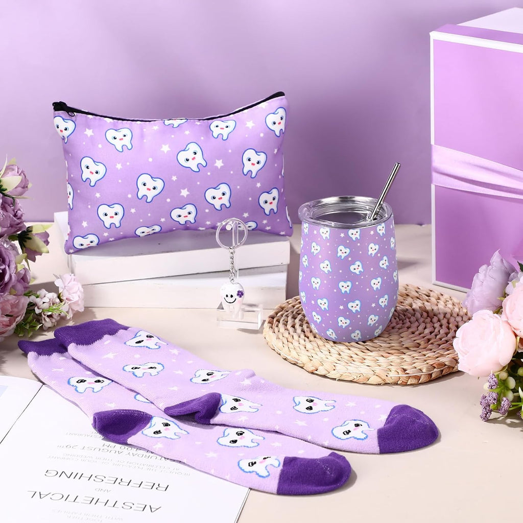 Sliner 4 Pcs Dental Assistant Gifts Set 12 oz Purple Teeth Stainless Steel Tumbler Cosmetic Bag Tooth Shape Keychain Novelty Tooth Sock Dental Hygienist Gifts for Nurse Dentist Christmas Graduation