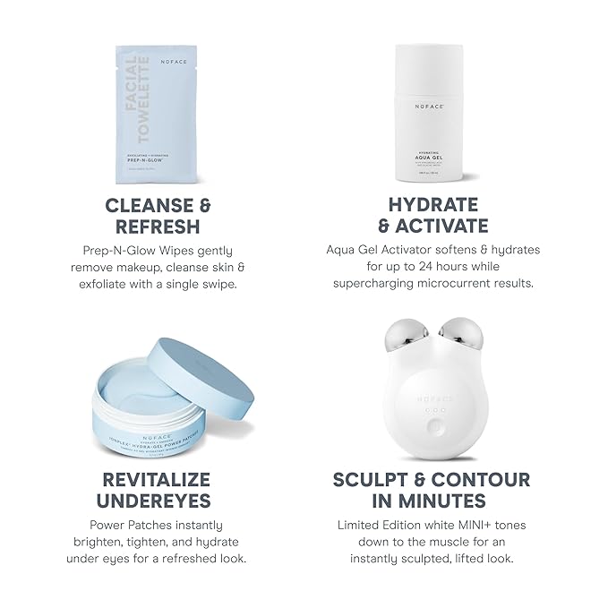 NuFACE MINI+ Microcurrent Facial Device Ultimate Uplift Holiday Kit - Brilliant White Face Sculpting & Contouring Device with Aqua Gel, Power Patches, Prep-N-Glow Skin Care Wipes & Luxe Gift Box