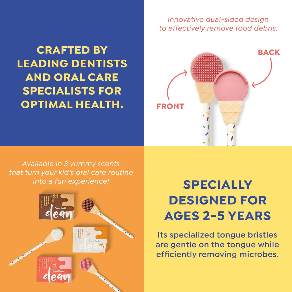 SuperMouth® Single Scoop Tongue Scraper for Toddlers & Kids Ages 2-5 – Dual-Sided Brush & Scraper Removes Odor-Causing Buildup, Fights Bad Breath, Gentle Easy-Grip Design, 3 Scents, Early Oral Care