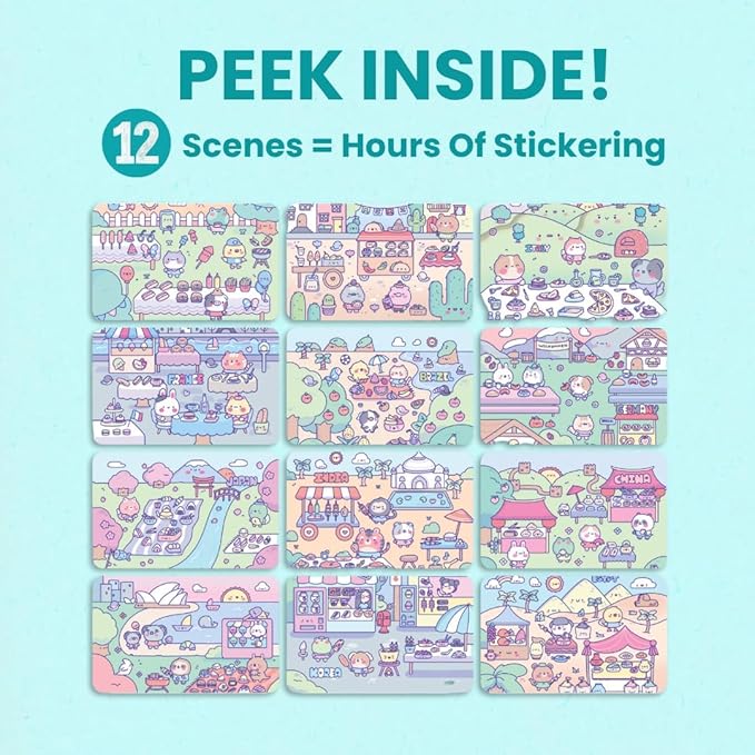 Girly Sticker Book Activity for Kids, Cute Foods Around The World by Cupkin, Toddler Airplane Travel Essentials, 500+ Stickers for Kids 12 Scenes + Coloring Book Pages, Crafts Ages 2-8