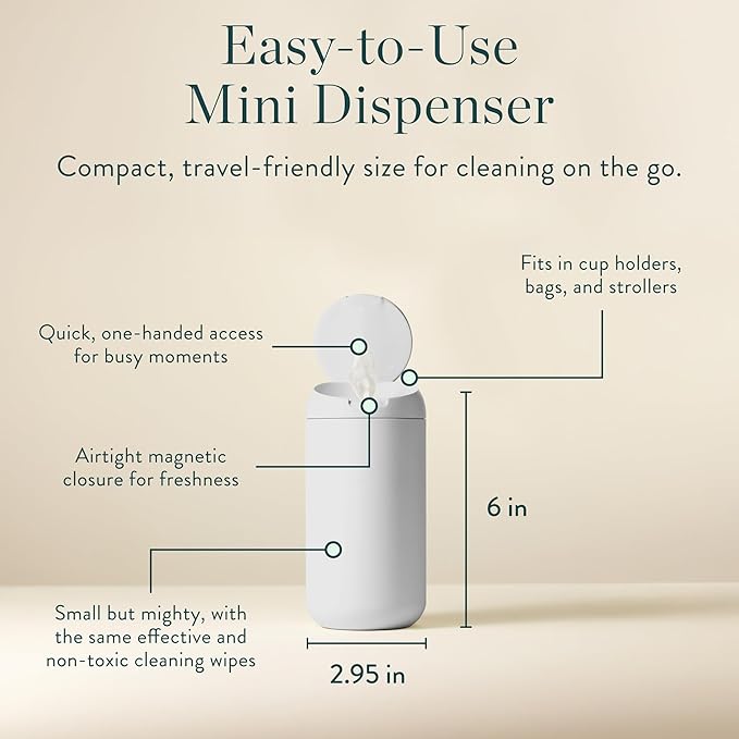 Biom Mini Dispenser + Hand Sanitizing Wipes Starter Kit - Eucalyptus Scented, Biodegradable, Kid-Safe | Fits in Cup Holder | All Natural, Plant-Based Non-Toxic Wipes with Aloe for Soft Skin (Bone)
