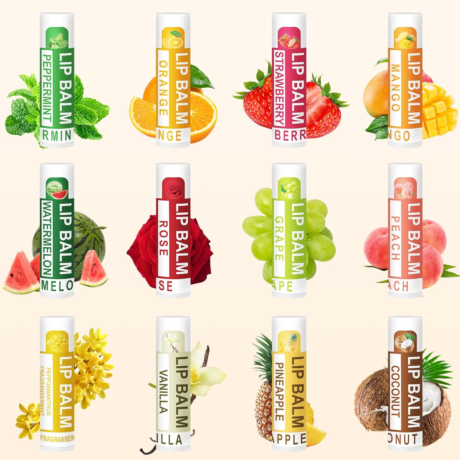 DMSKY Natural Lip Balm Bulk 24 Pack, Moisturizing Lip Balm with Vitamin E and Coconut Oil, Lip Care Product for Chapped Lips-12 Flavors