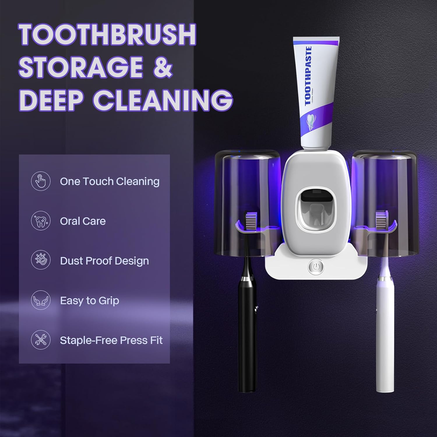 3 in 1 Toothbrush Cleaner Holders,Rechargeable Wall Mounted Toothbrush Holder Toothpaste Dispenser Automatic 2 Cups Tooth Brush Holder for Bathroom, No Drilling, 4 Slots (Grey)