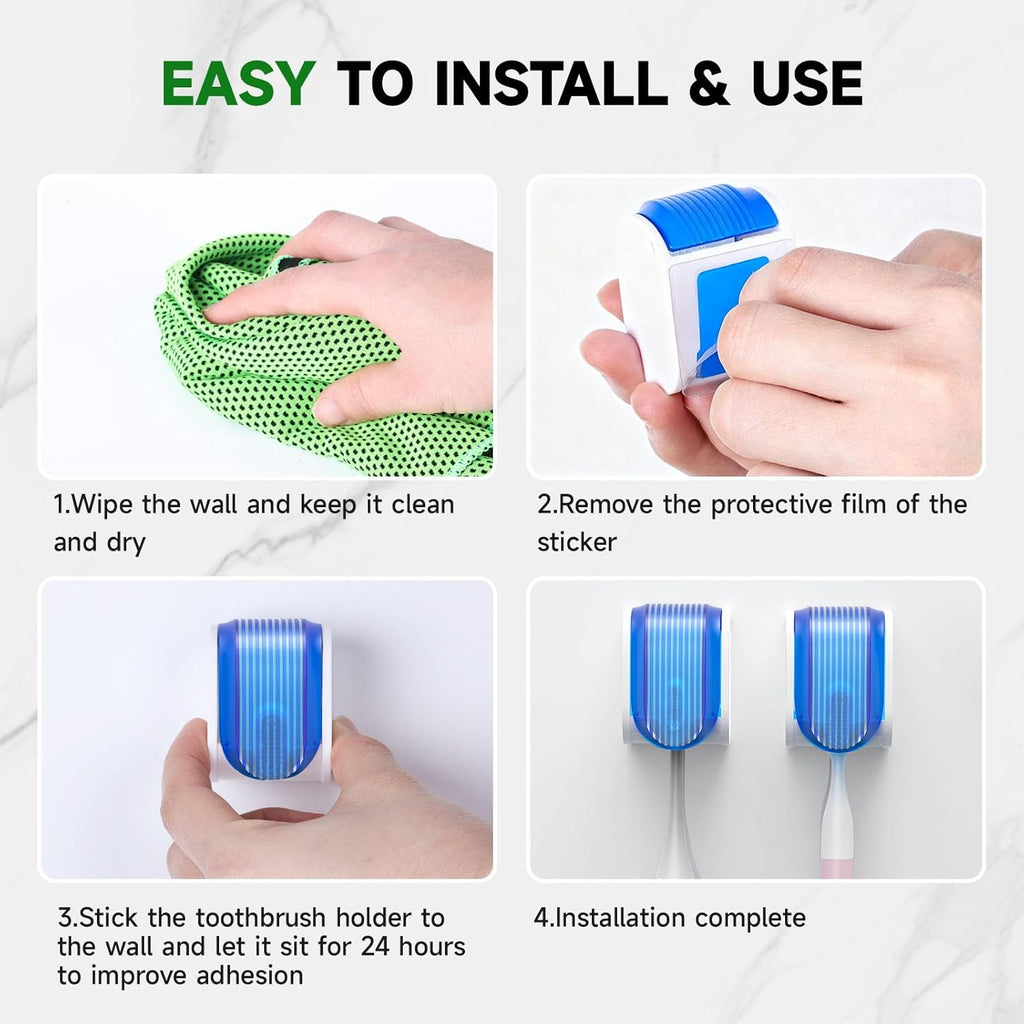 2 Pcs Toothbrush Holders Wall Mounted, Single Slot Design, Shower Self Adhesive Wall Mounted Toothbrush Holder with Cover, Waterproof and Dustproof, Suitable for Bathroom, Family, Travel (Blue)