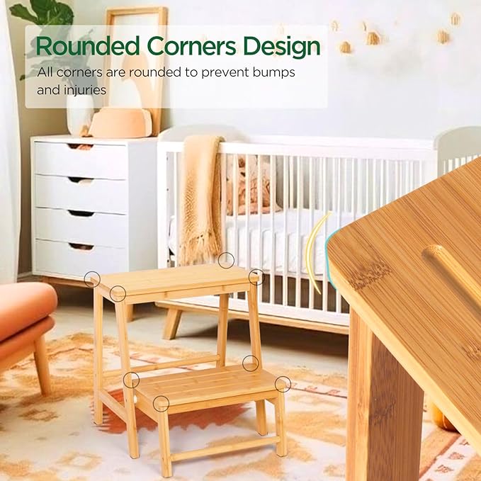 Bamboo Folding Climbing Step Stool, 2 Step Ladder Multi-Functional Stair Chair with Sturdy Structure, Non-Slip Step Pads, Wide Stepping Surface for Safety, Simple Folding Stool for Bathroom, Kitchen