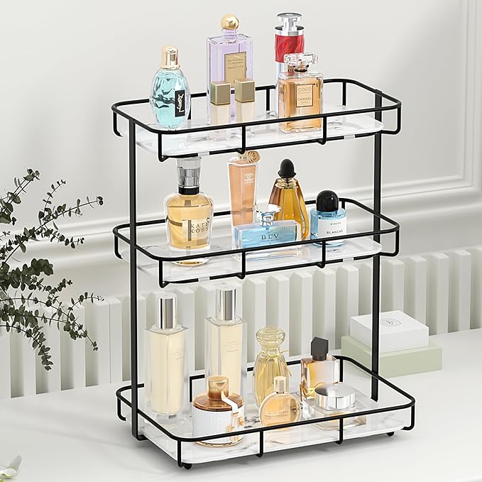 Bathroom Organizer Countertop Perfume Organizer Makeup Organizer Cosmetics Storage Display Rack Vanity Tray Dresser Stainless Steel Gold Shelf White Marble Ceramic Tray