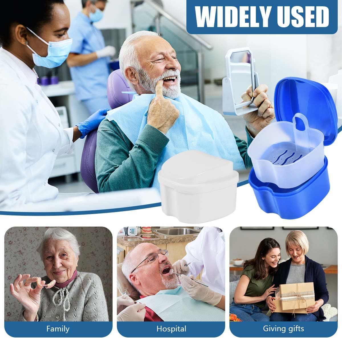 3 Pack Colors Denture Bath Case Cup Box Holder Storage Soak Container with Strainer Basket for Travel Cleaning (White, Blue, Light Blue)