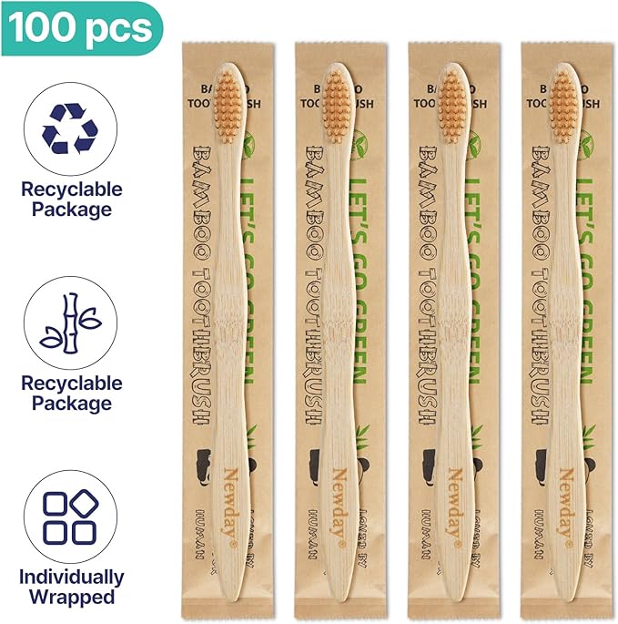 100 Pack Bamboo Toothbrushes Bulk, Individually Wrapped, BPA Free Soft Bristles Toothbrush for Adults, ECO Friendly Toothbrushes for Home Hotel Trips Travel Disposable Toothbrsuh (Primals Toothbrush)