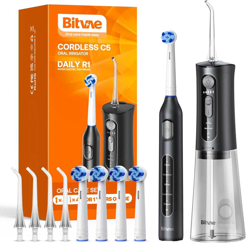 Bitvae Water Dental Flosser Teeth Picks, Cordless Water Flosser for Teeth, Braces, Dental Care and Rechargeable Rotary Electric Toothbrush Combo Set, 4 Tips, 4 Brush Heads, Waterproof, Black, C5+R1