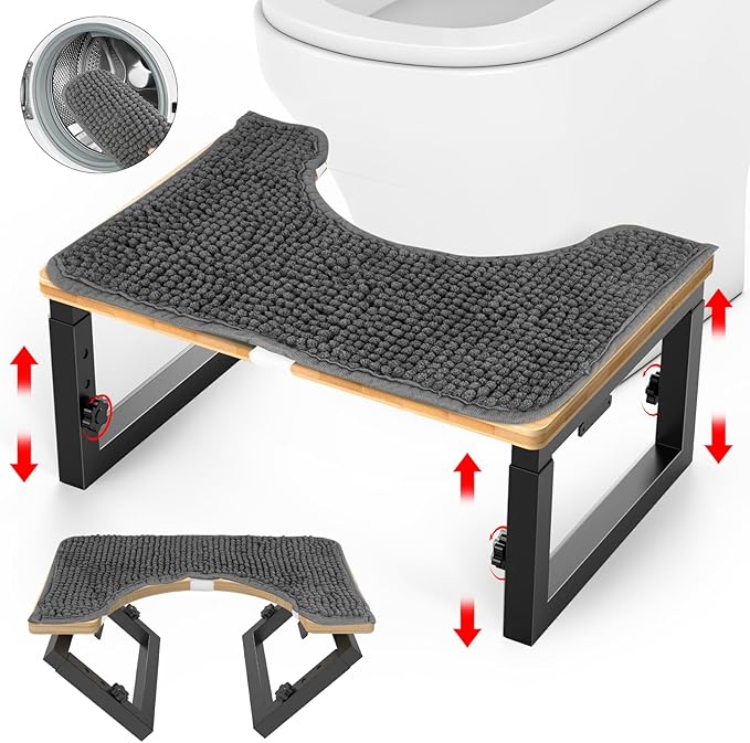Bamboo Toilet Stool Foldable, 7 in, 8 in Or 9 in Adjustable Heights Squat Stool Potty for Adults Kids,Poop Step Stool with Extra Soft Microfiber Rug, Improve Bathroom Posture and Comfort