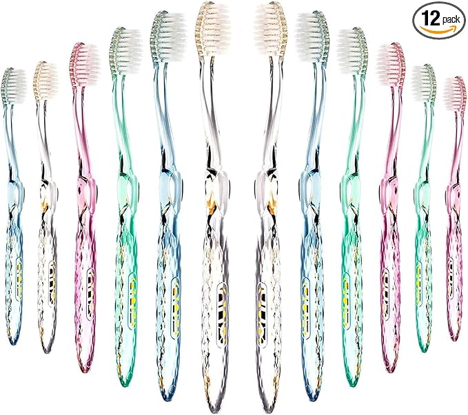 Nano-b Manual Toothbrush Set for Adults with Sensitive Gums, Silver Soft/Medium Bristles, Travel Cases, Blue, Pink, Green, Crystal, 12-Pack