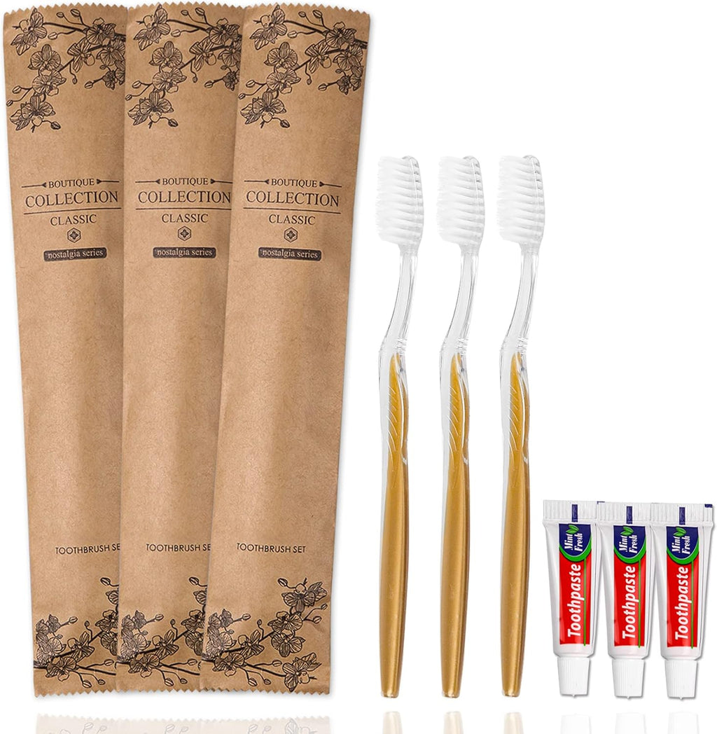 20 pcs Disposable Toothbrush with Toothpaste Bulk Individually Wrapped, Travel Toothbrush Kit, Hotel Toothbrushes Bulk for Airbnb,Shelter/Wedding/Nursing Home/Charity/Homeless, Gold