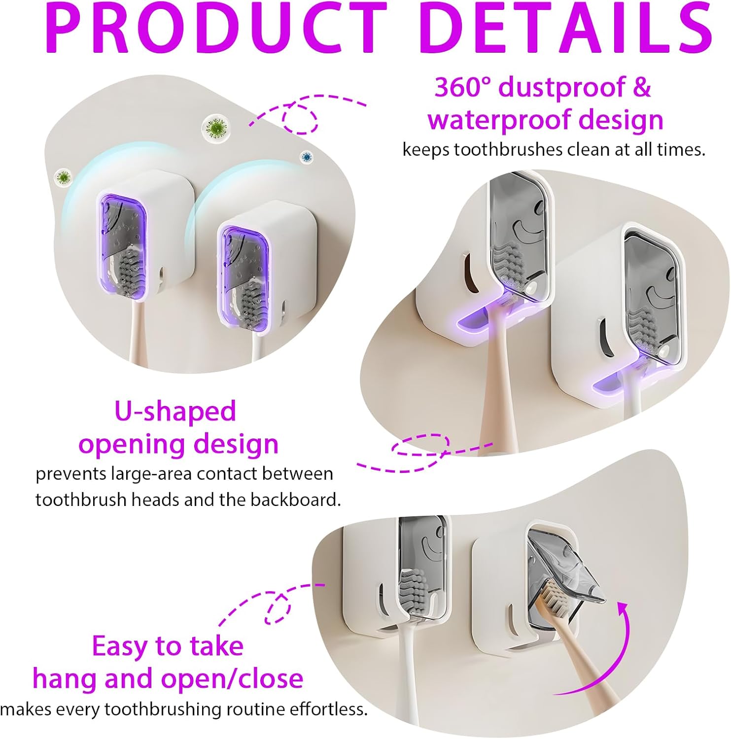 4PC Wall Mounted Toothbrush Holder Set with Cover, Waterproof and Dustproof Electric Toothbrush Holders, Durable ABS+PS Material, Suitable for 99% of Toothbrushes, Bathroom Tooth Brush Holder