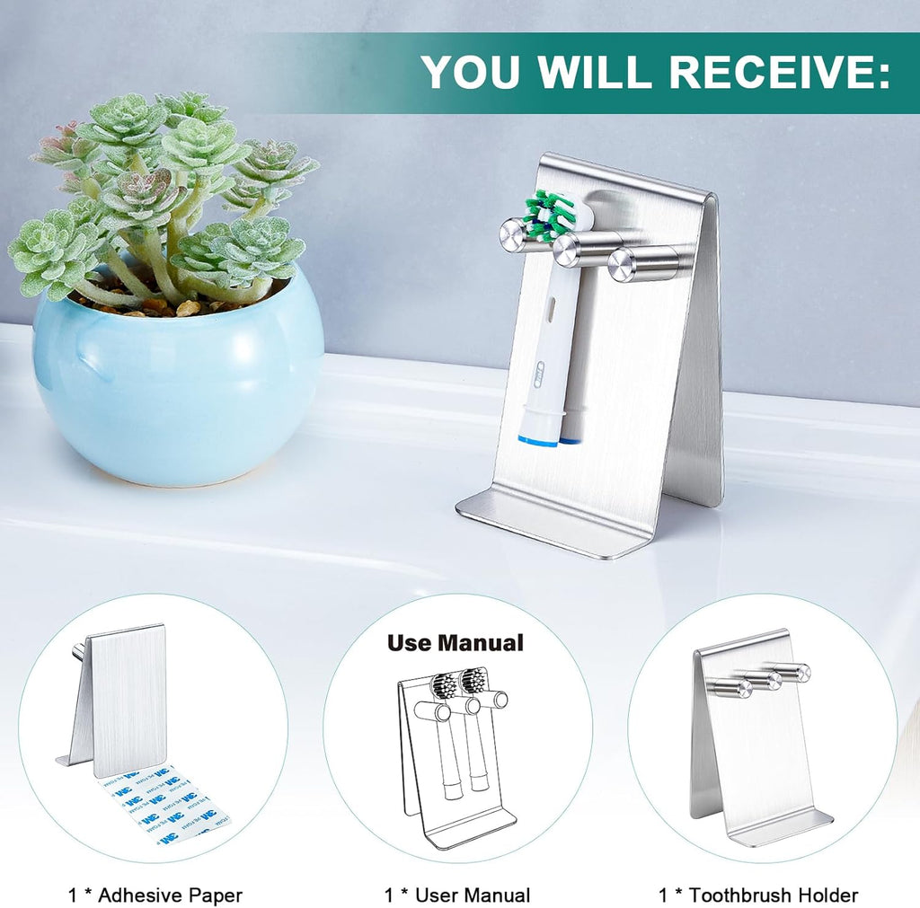 Electric Toothbrush Head Holder, Self Adhesive or Desktop Tooth Brushing Holder, Wall Mounted Toothbrush Holders Shower Bathroom, Tooth Brush Holder Organiser (Silver, Small)