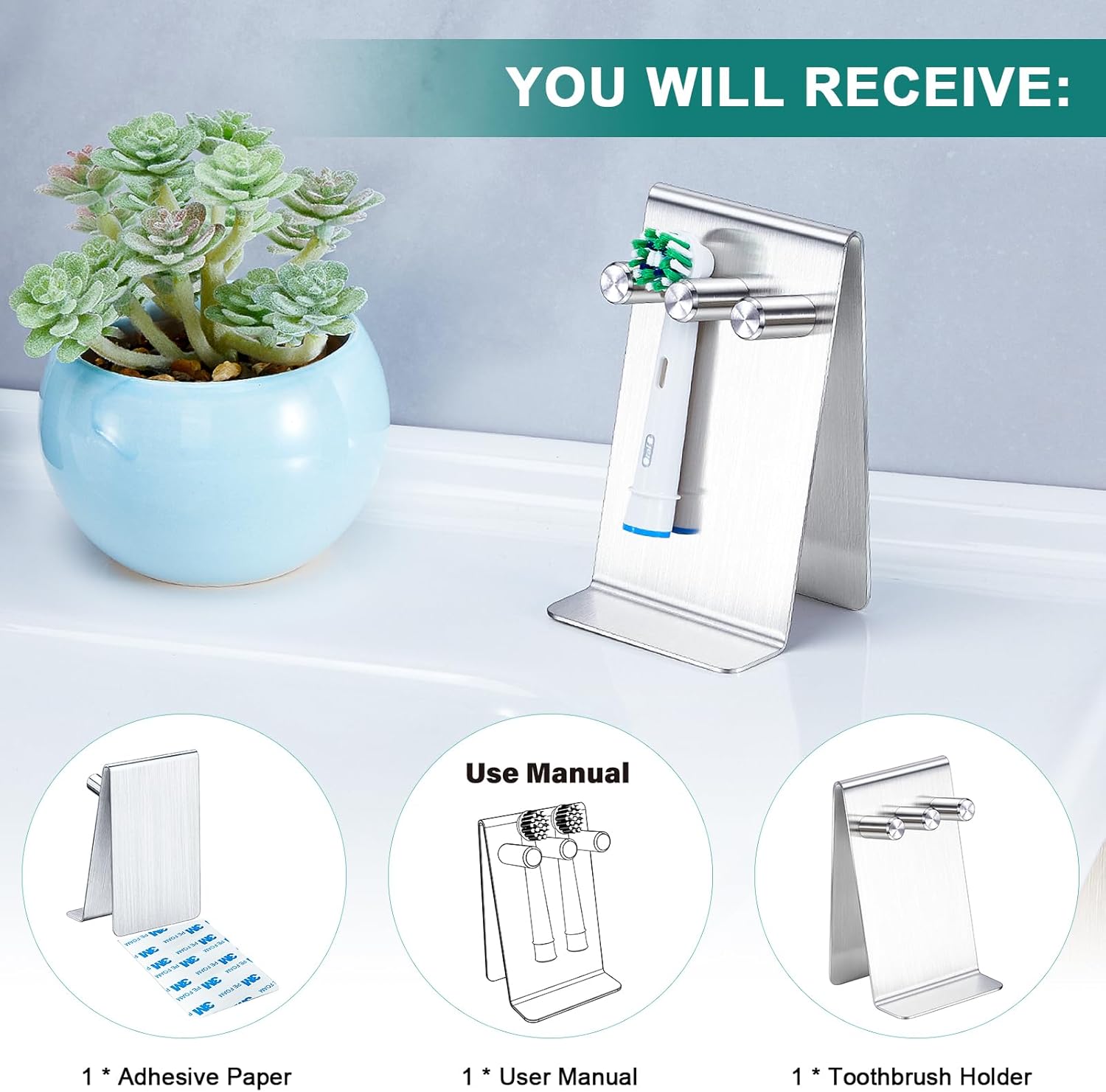 Electric Toothbrush Head Holder, Self Adhesive or Desktop Tooth Brushing Holder, Wall Mounted Toothbrush Holders Shower Bathroom, Tooth Brush Holder Organiser (Silver, Small)