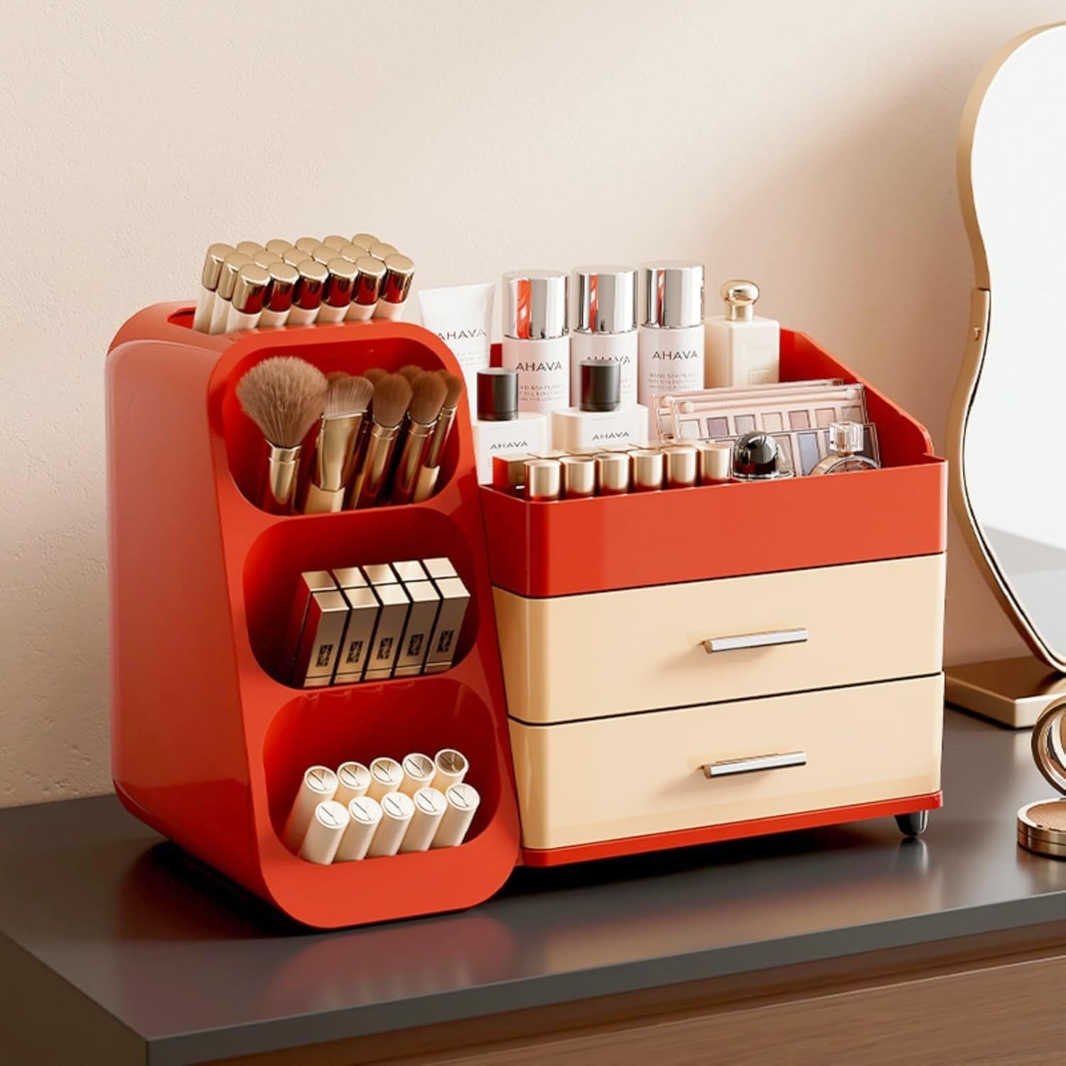 Makeup Organizer with Drawers,Large Capacity Countertop Organizer for Vanity,Bathroom and Bedroom Desk Cosmetics Organizer,Easy To Storage Skincare,Brushes,Lotions,Lipstick (Red and Cream)