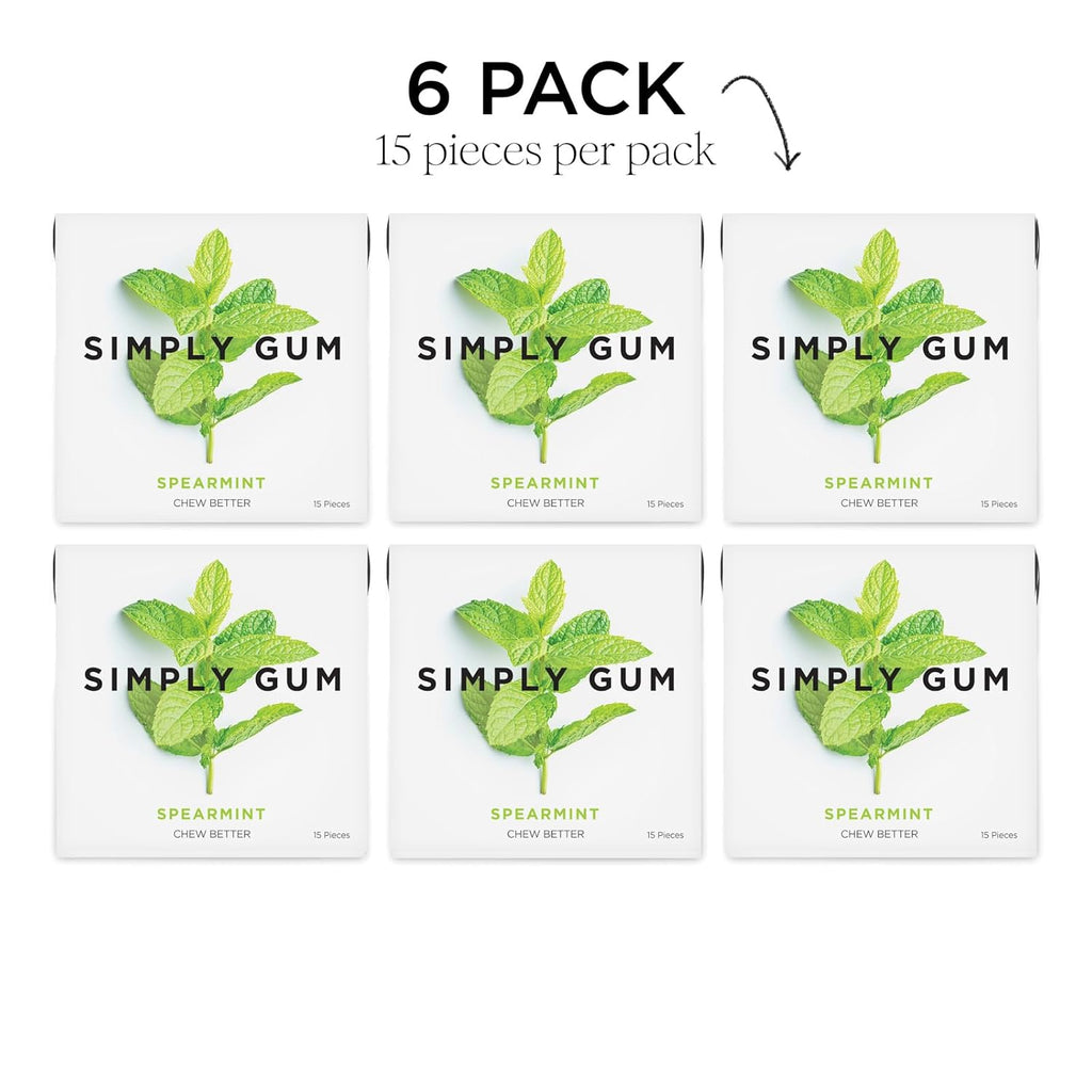 SIMPLY Gum Spearmint, Plastic-Free Natural Chewing Gum, 6 Pack (90 Pieces) | Vegan, Kosher, Non GMO, Aspartame Free and Sorbitol Free