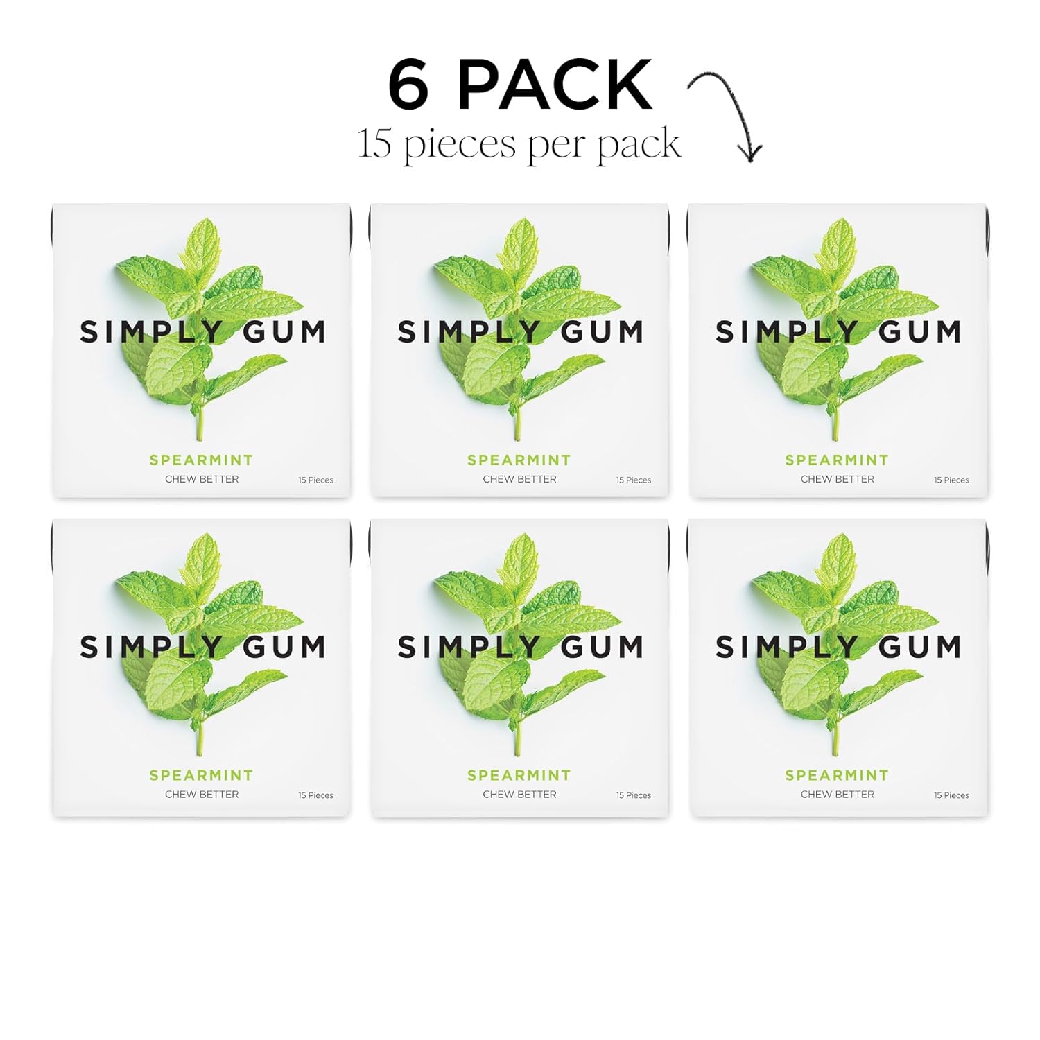 SIMPLY Gum Spearmint, Plastic-Free Natural Chewing Gum, 6 Pack (90 Pieces) | Vegan, Kosher, Non GMO, Aspartame Free and Sorbitol Free
