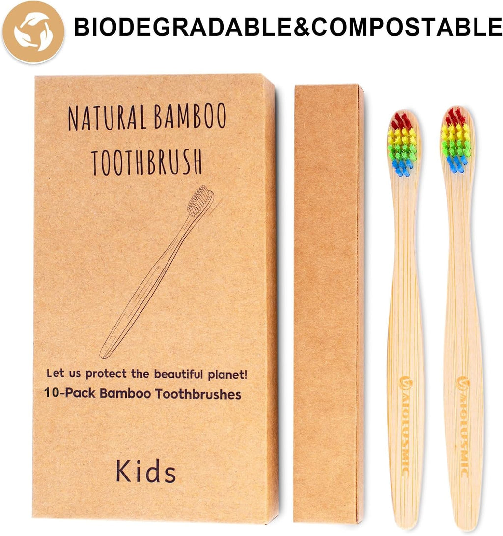 Eco-Friendly Bamboo Toothbrushes for Kids, 10 Pack Medium Bristles Rainbow, Biodegradable Natural Bamboo Handle,Plastic-Free & Sustainable Oral Care for Children