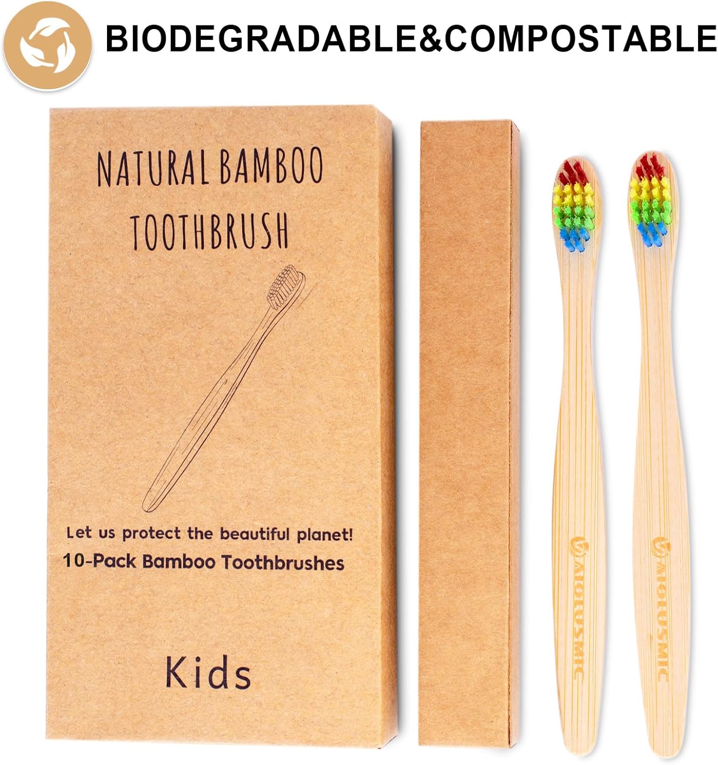 Eco-Friendly Bamboo Toothbrushes for Kids, 10 Pack Medium Bristles Rainbow, Biodegradable Natural Bamboo Handle,Plastic-Free & Sustainable Oral Care for Children