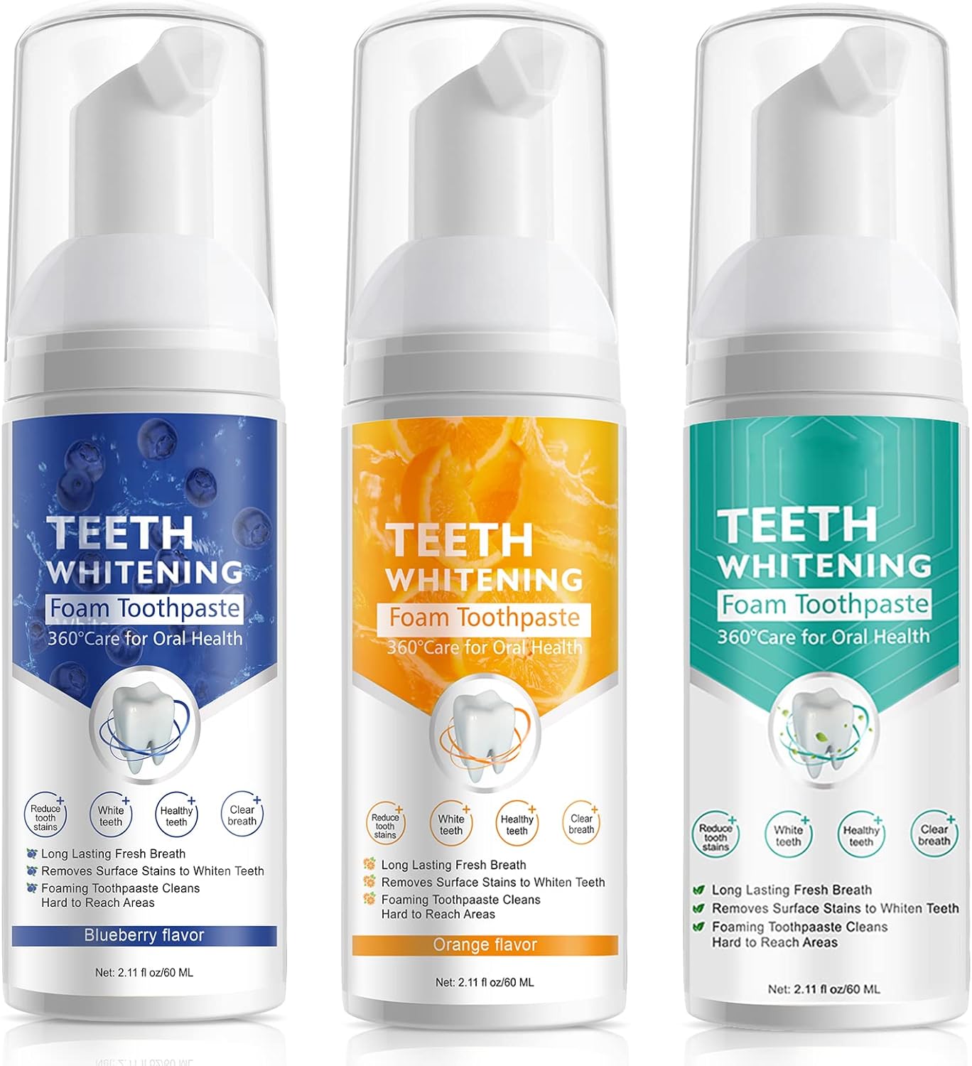 Teeth Whitening Toothpaste with Fluoride, Ultra-fine Mousse Foam for Deep Cleaning Gums, Stain Removal, 3 Fresh Flavors