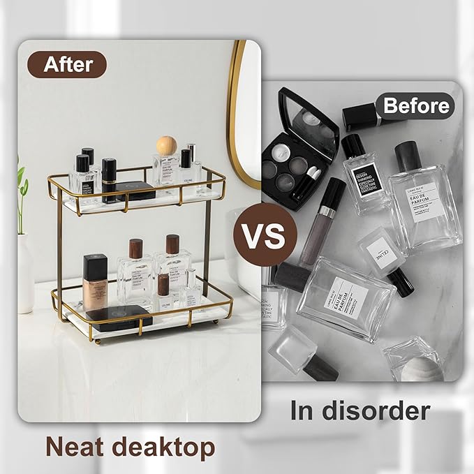 Bathroom Organizer Countertop Perfume Organizer Makeup Organizer Cosmetics Storage Display Rack Vanity Tray Dresser Stainless Steel Gold Shelf White Marble Ceramic Tray
