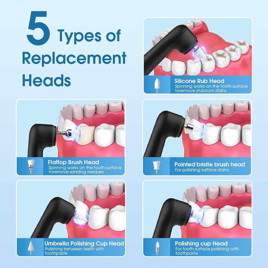 Plaque for Teeth Whitening Tools Electric Tartar Polishing Cleaning Kit with LED Light 5 Speed Modes with 5 Replacement Brush Heads (Black)