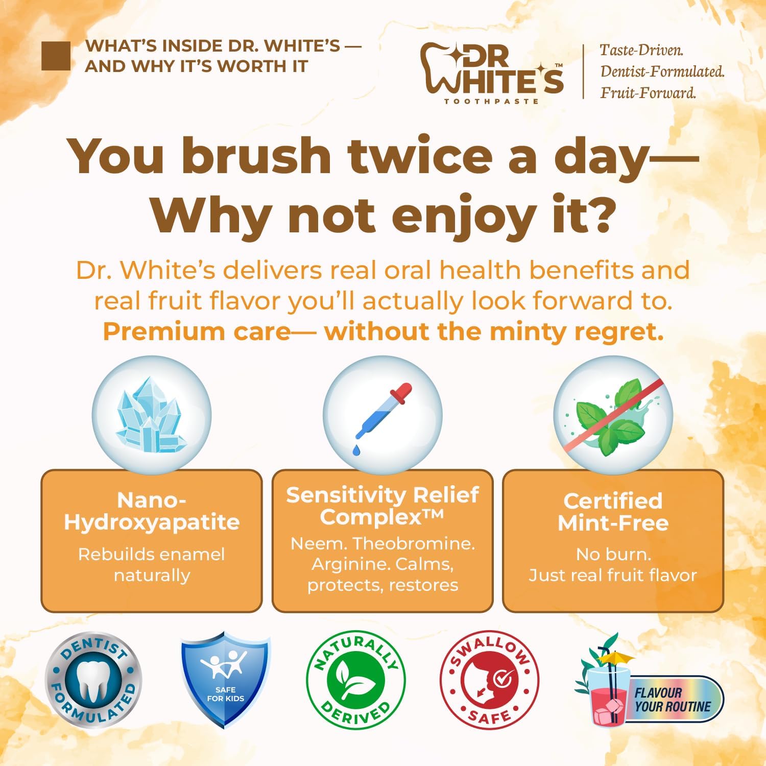 Dr. White’s Fluoride-Free nHA Toothpaste 3-Pack; Dentist-Formulated, Nano Hydroxyapatite + Xylitol, Sensitivity Relief Complex™, Mint-Free, Enamel Safe, Swallow-Safe (3.5 Oz, Mango Joy)