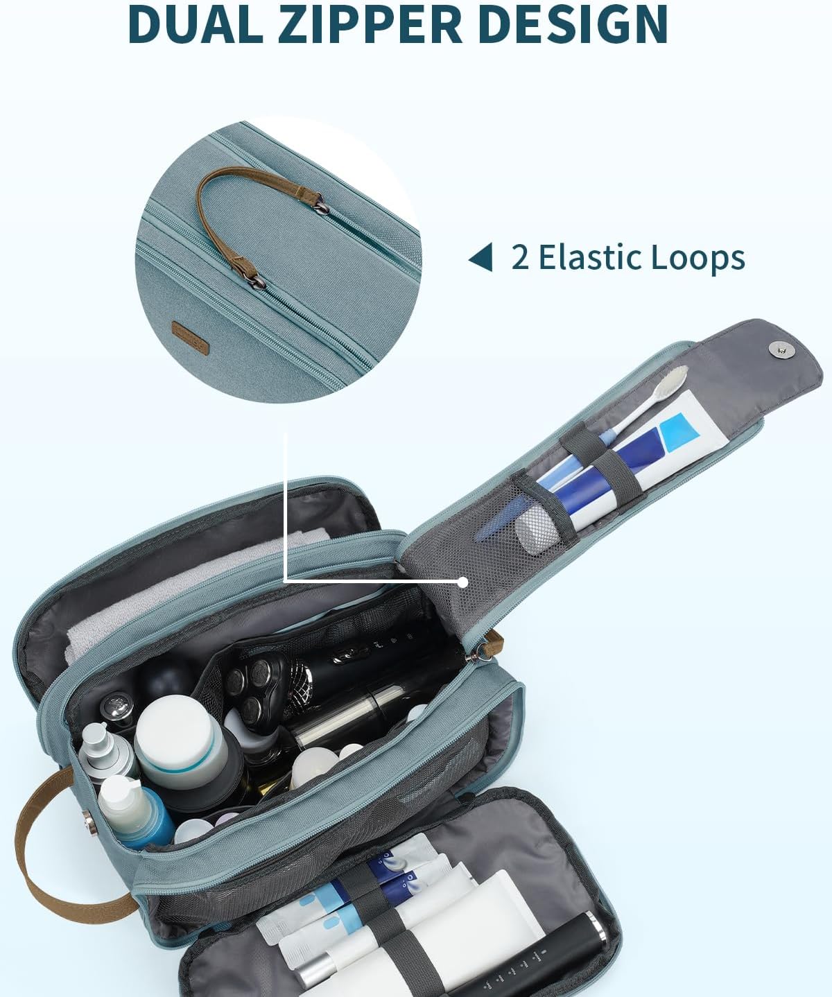 WANDF Toiletry Bag for Men Travel Toiletry Organizer Canvas and Leather Dopp Kit Water-Resistant Shaving Bag for Travel Accessories (Pale Blue, Large)