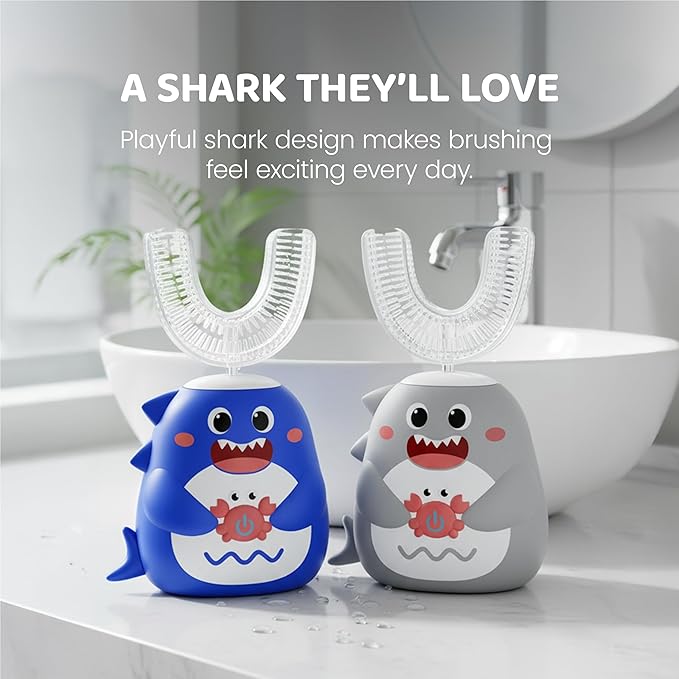 Well Before Ultrasonic Kid's U-Shaped Electric Toothbrush, IPX7 Waterproof, Five Cleaning Modes (Shark, Blue Ages 2-7)