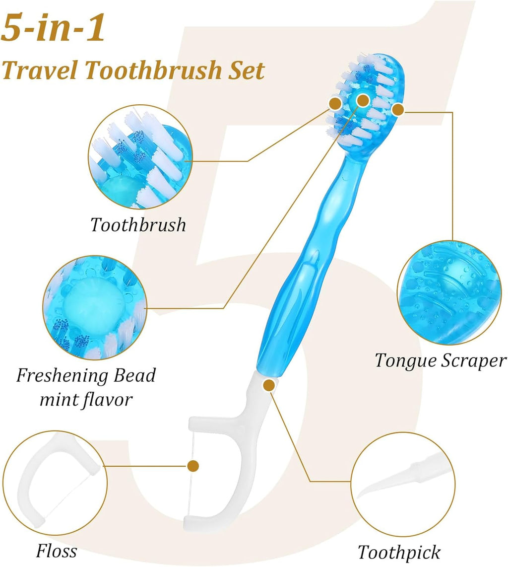 50pcs 5 in 1 Disposable Mini Toothbrushes with Toothpaste Floss Pick & Tongue Scraper Travel Size Individually Wrapped Portable Oral Care Set for Women Men Hotel Camping Flight Car Guest Use