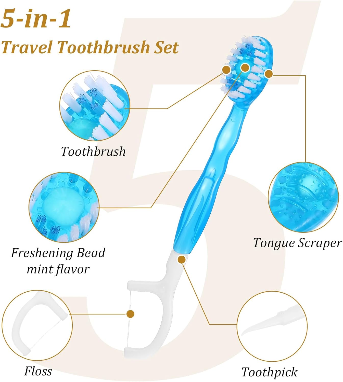 50pcs 5 in 1 Disposable Mini Toothbrushes with Toothpaste Floss Pick & Tongue Scraper Travel Size Individually Wrapped Portable Oral Care Set for Women Men Hotel Camping Flight Car Guest Use