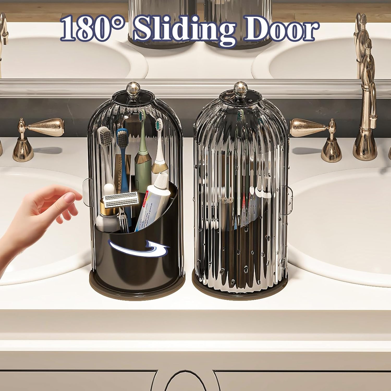 Dustproof Toothbrush Holders with Cover, Rotating Electric Toothbrush and Toothpaste Holder for Bathroom Countertop, 3 Slots Makeup Brushes Organizer, Grey Black