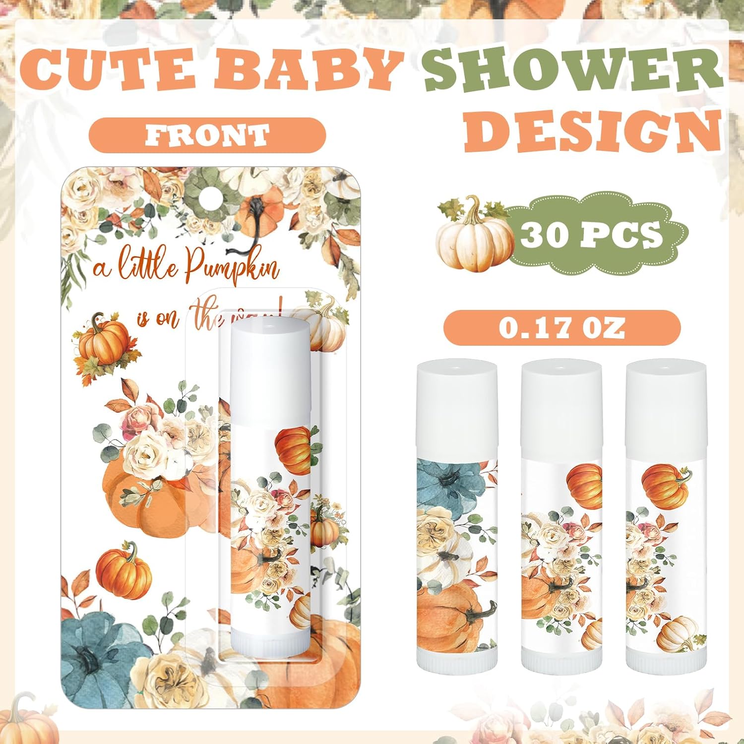30 Pack Fall Little Pumpkin Baby Shower Games Prizes Gifts Bulk Pumpkin Pie Scented Lip Balms Favors for Boys Girls Gender Reveal Decorations Halloween Autumn Thanksgiving Baby Shower Bags Stuffer