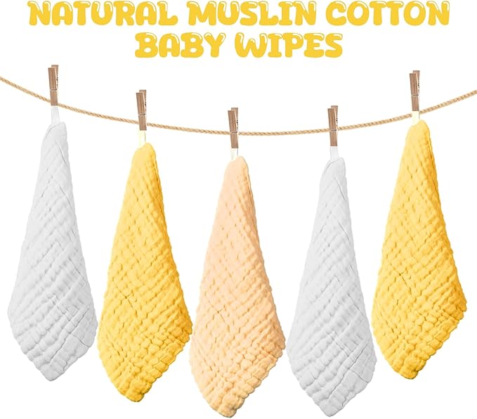 Breling 20 Pcs Baby Muslin Washcloth 12 x 12 Inch 100% Cotton Soft and Absorbent Muslin Washcloth Burp Cloth Wipe Newborn Face Towel for Baby Boy Girl Sensitive Skin(White, Light Yellow, Yellow)
