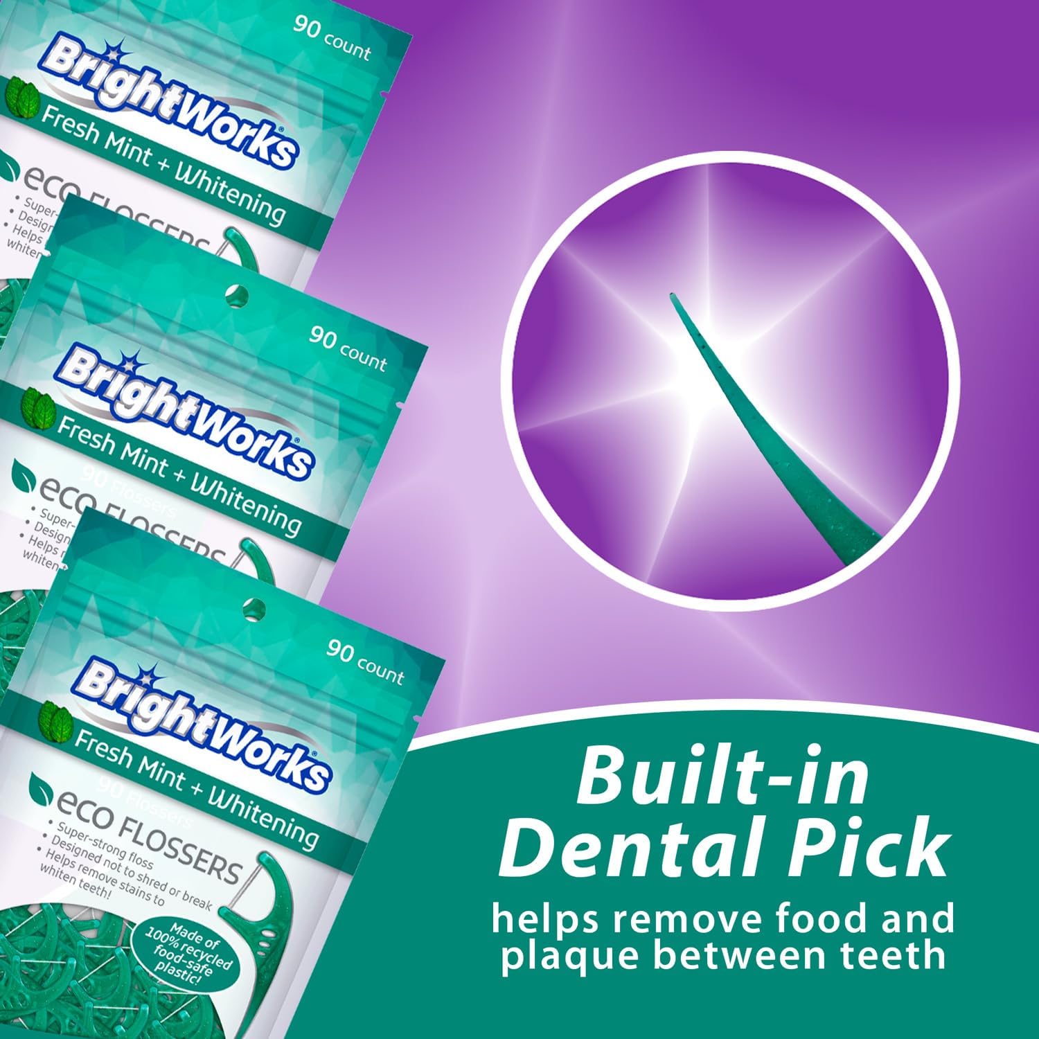 Brightworks ECO Sustainable Floss Picks - 270 Count - PFAS Free - Made in USA100% Post-Consumer Recycled Plastic, Super Strong Mint-Flavored Floss with Micro-Crystals