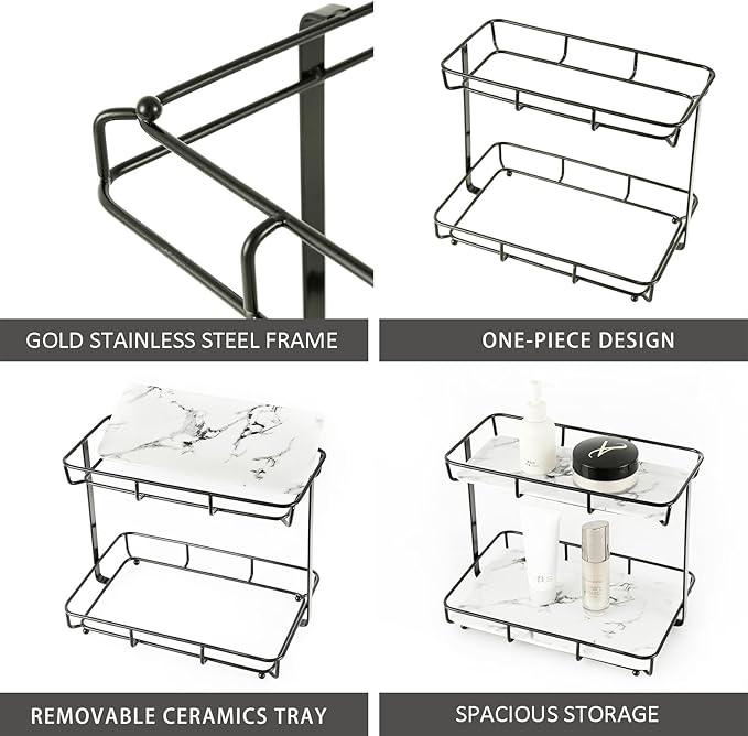 Bathroom Organizer Countertop Perfume Organizer Makeup Organizer Cosmetics Storage Display Rack Vanity Tray Dresser Stainless Steel Gold Shelf White Marble Ceramic Tray (2 Tier L-Black)
