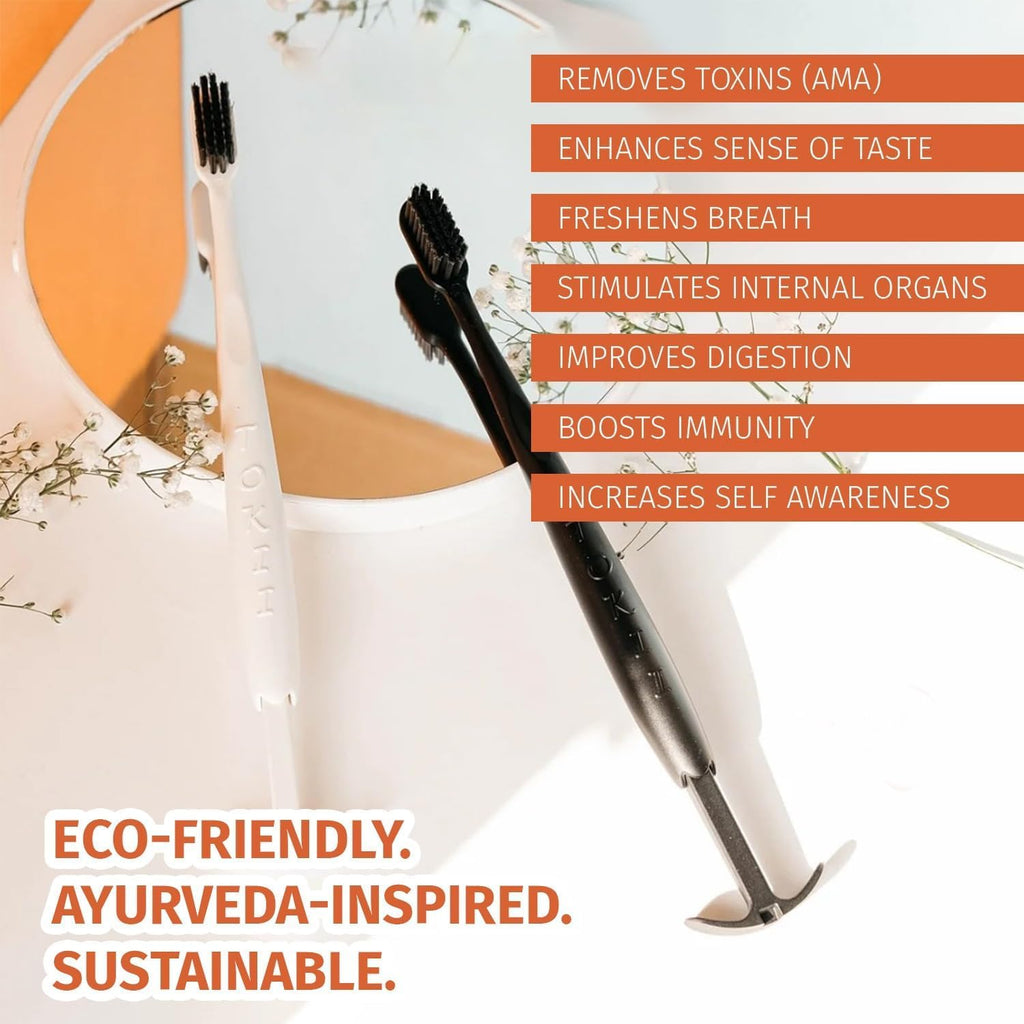 TOKII Tongue Scraper Cleaner Charcoal Bristles Toothbrush for Bad Breath with Waterproof Pouch for Travel, Hygienic Stand and Enviromentally Friendly