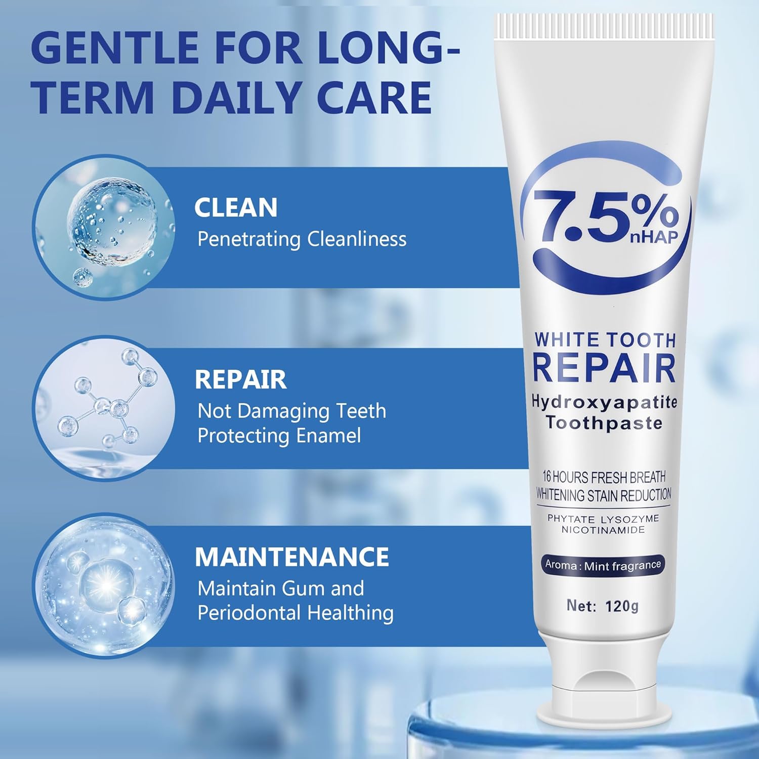 7.5% Hydroxyapatite Toothpaste-Enamel Protection and Tooth Strengthening, Fluoride-Free Safe, Nano Hydroxyapatite Toothpaste Stain Removal, Whitening Tooth, Gentle Mint, Fresh Breath 3pcs
