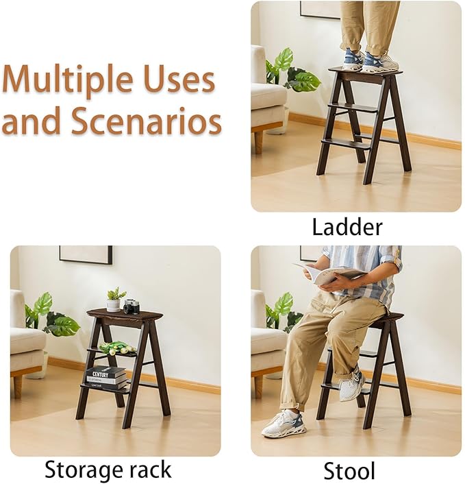 Latifolia Foldable 3 Step Ladder, Bamboo Step Stool with Floor Saver, Decorative Ladder Shelf for Living Room, Kitchen, Garden(Dark Walnut)