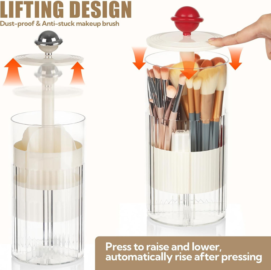 2 Pack Makeup Brush Holder with Lid Automatic Lifting Makeup Brush Organizer with Lid Dustproof & Waterproof 4-Compartment Clear Makeup Organizer for Vanity,Office,School,Dorm Room,Red+Silver