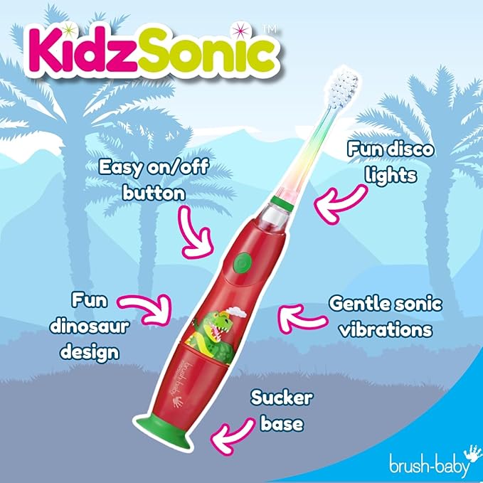brush-baby - KidzSonic Dinosaur Kids Electric Toothbrush for Ages 3+ with Disco LED Lights, Gentle Sonic Vibrations, 2-Minute Smart Timer & 30‑Second Pulse Reminders – AAA Battery Included