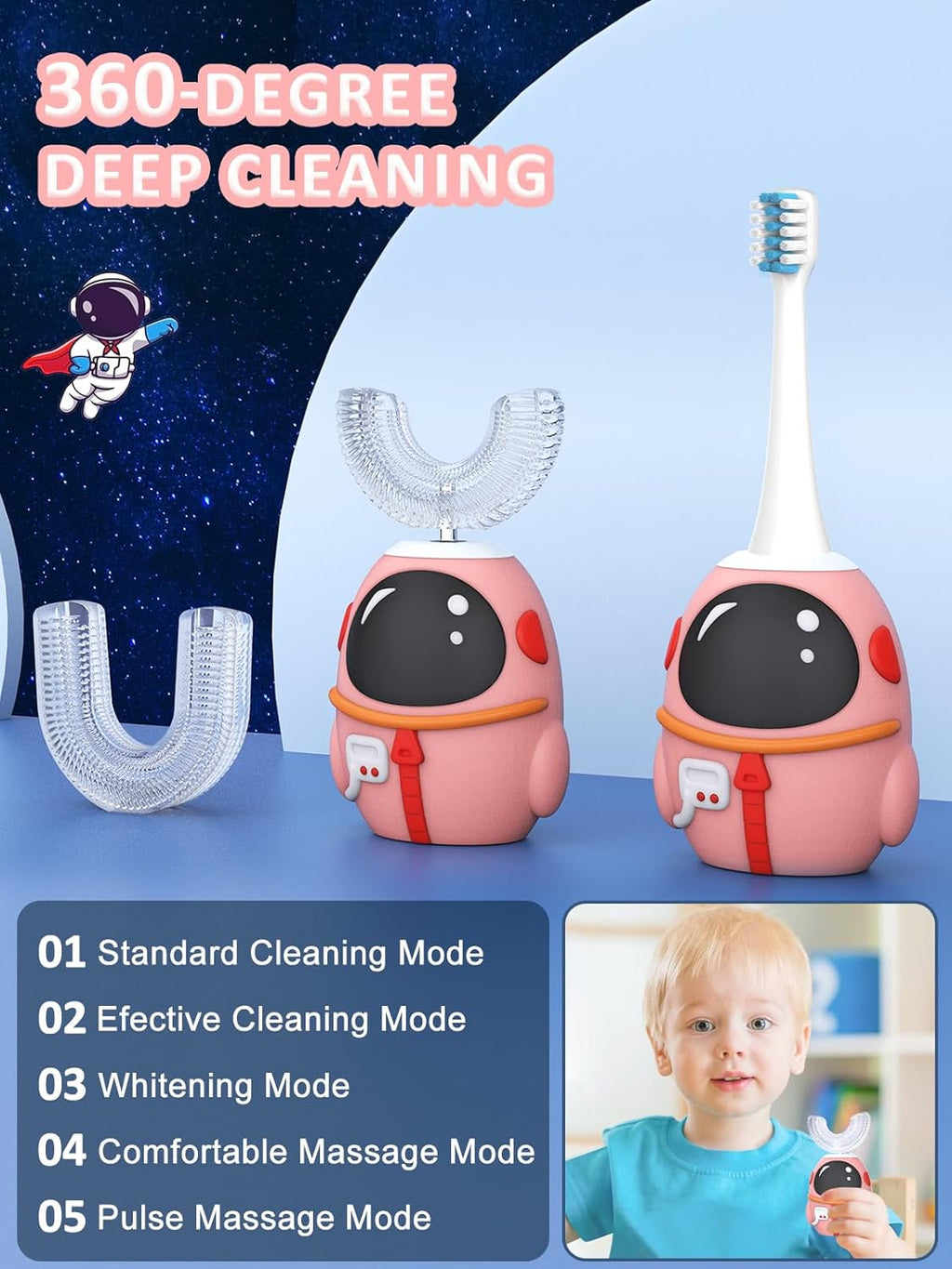 FTOYIN Kids Electric Toothbrush with 3 Brush Heads, U Shaped Ultrasonic Toothbrush Kids with 5 Modes, 45s Smart Reminder, 360-Degree Automatic Cleaning, IPX7 Waterproof Design
