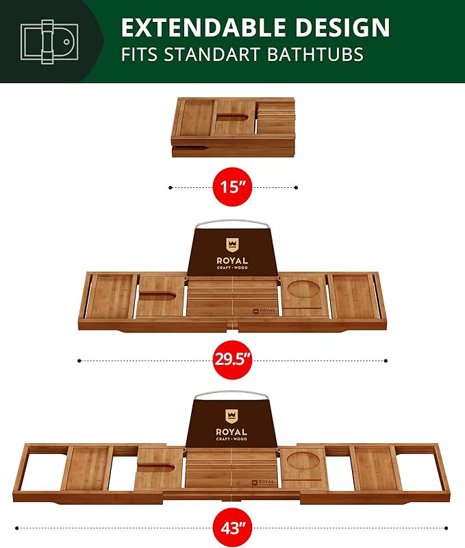 ROYAL CRAFT WOOD Premium Foldable Bathtub Tray - Wood Bath Tray for Tub, Bamboo Shelf, Expandable Bath Table Trays, Bathtub & Bathroom Accessories for New Home Gifts for Mom