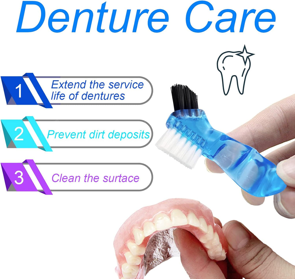 2 Pack Travel Denture Bath Case Set Orthodontic Dental Box Case with Brush, Denture Soaking Cup False Teeth Retainer Container for Clear Braces, Mouth Guard, Night Guard