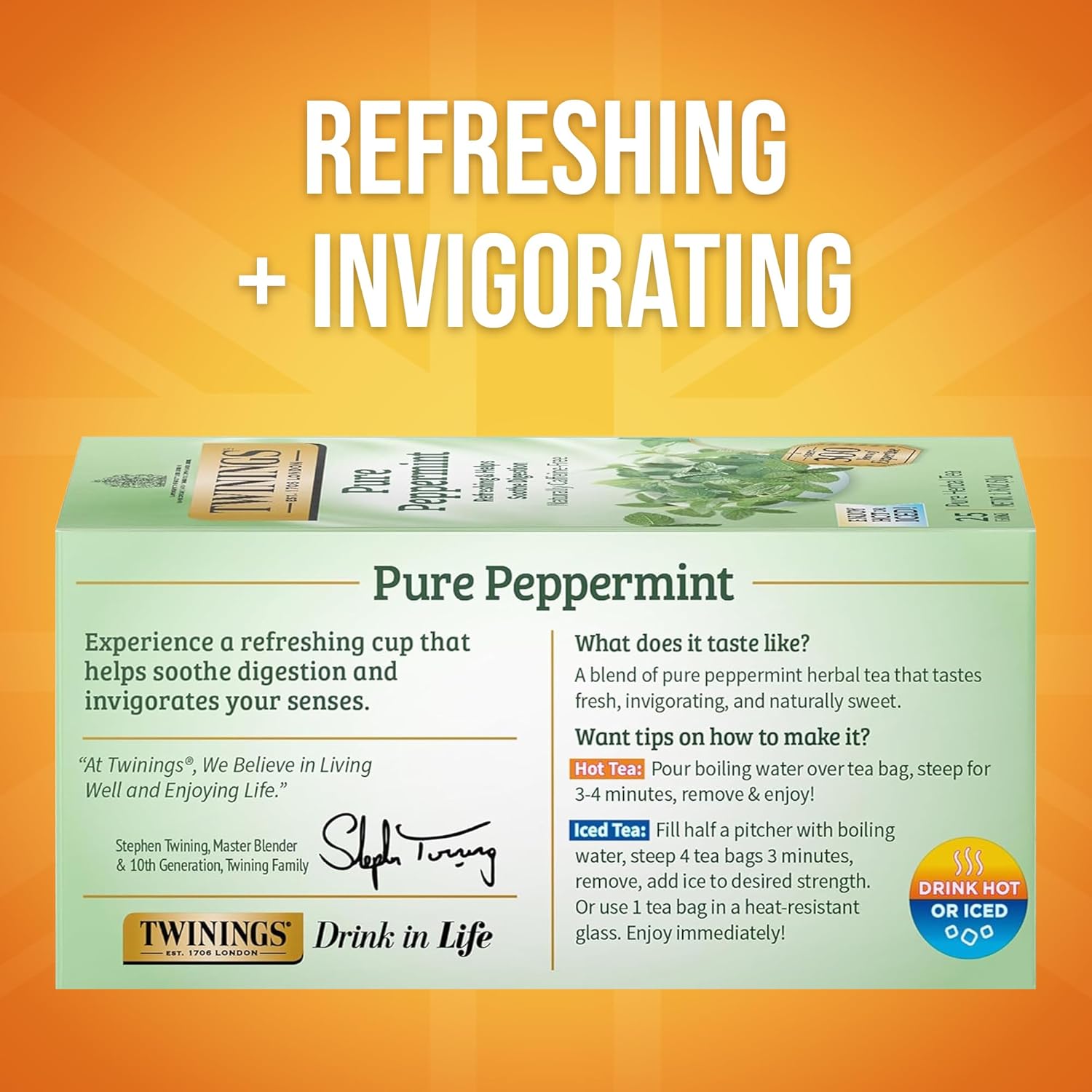 Twinings Pure Peppermint Herbal Tea Individually Wrapped Bags, 25 Count (Pack of 6), Fresh Minty Flavour, Naturally Caffeine-Free, Enjoy Hot or Iced, 150 Teabags